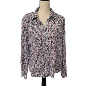 Tommy Hilfiger Floral Cotton Blouse Red Blue White Two Front Pockets Long Sleeve